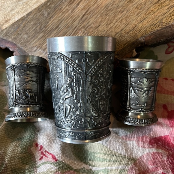 Vtg 70s KIRK STIEFF Pewter Cups German Scenes Shot Glasses & Cup 3-Piece Set Bar - Picture 9 of 16